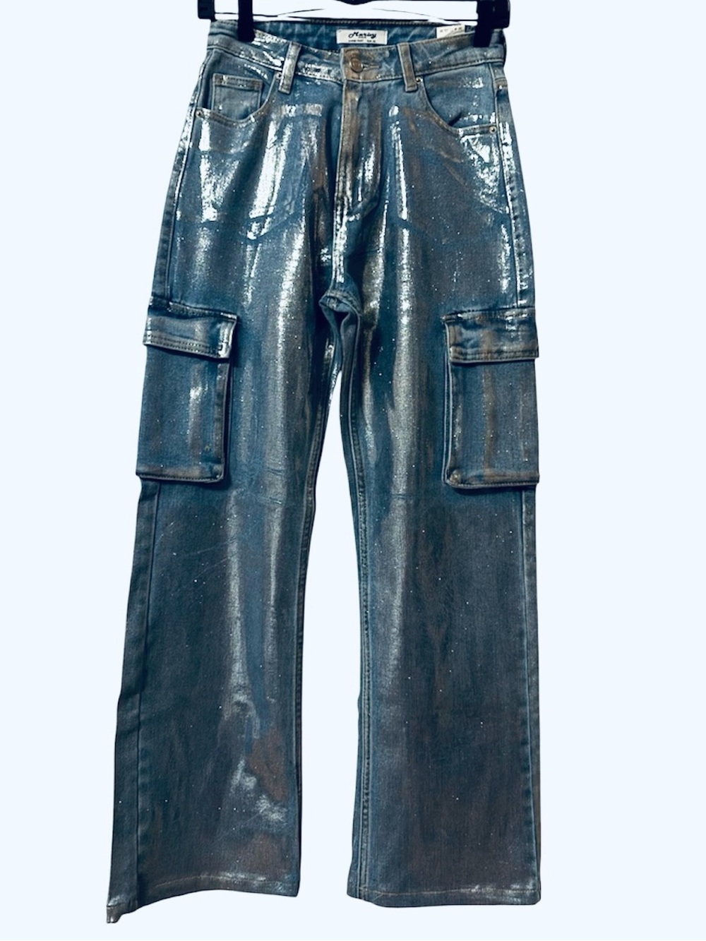 Mariny Paris Metallic Coated Cargo Jeans Silver Blue  EUR 36 / US 4